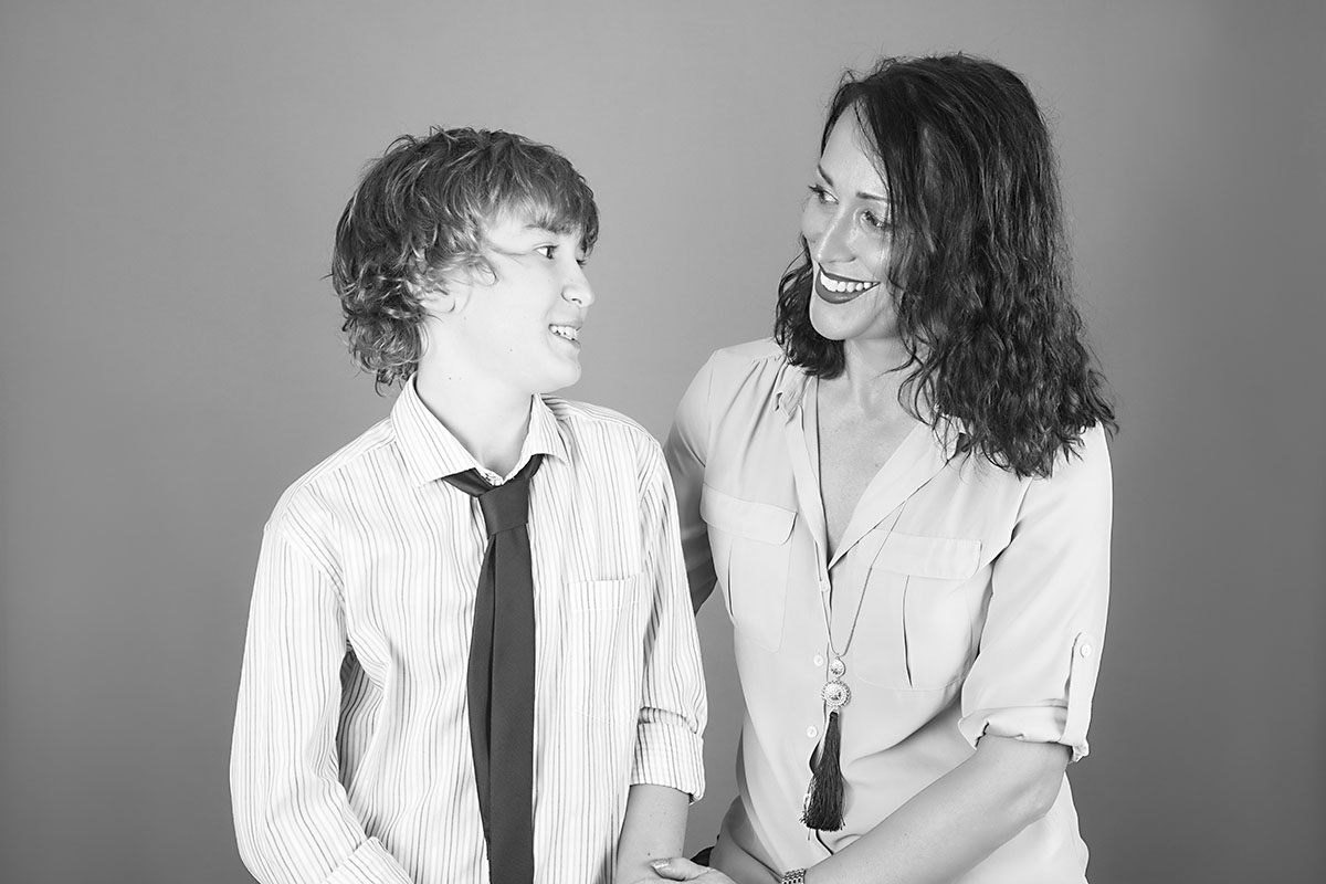 family portrait in studio whangarei mom and son black and white