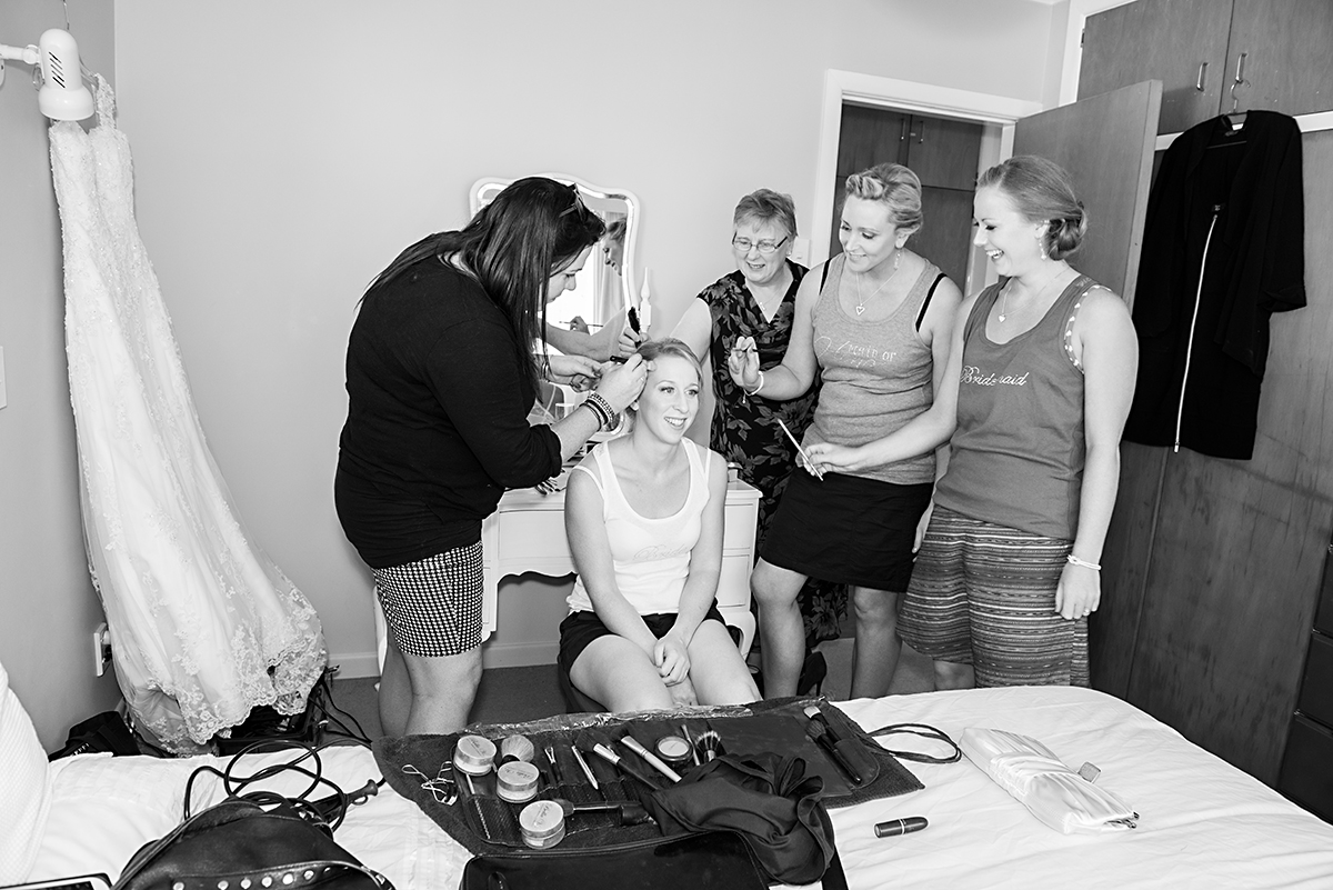 bride getting ready - b&w wedding photography NZ