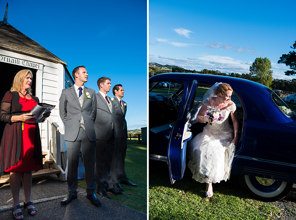 bride arrving for the ceremony and groom is waiting. Heritage park whgangarei NZ