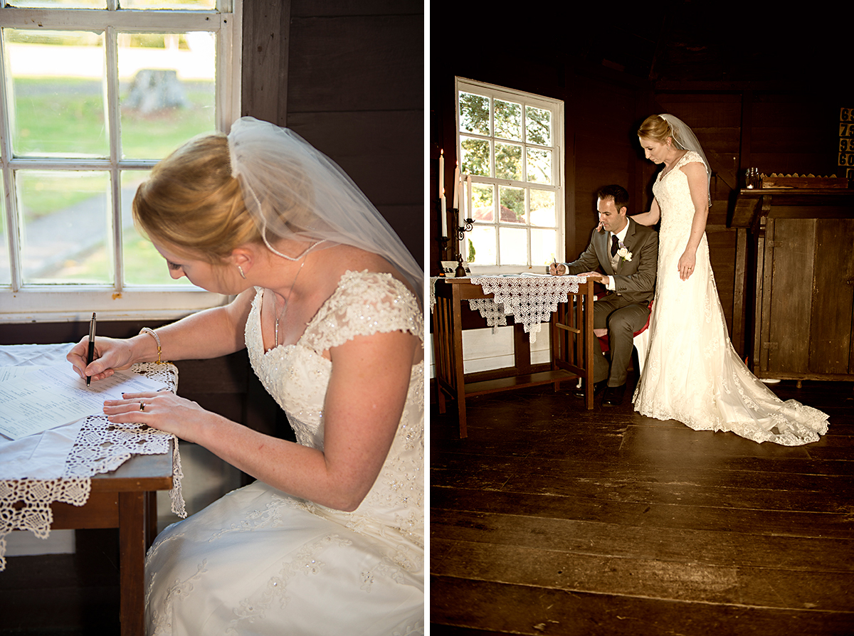 bride and groom signing wedding certificate at the chappel - Heritage park Whangarei